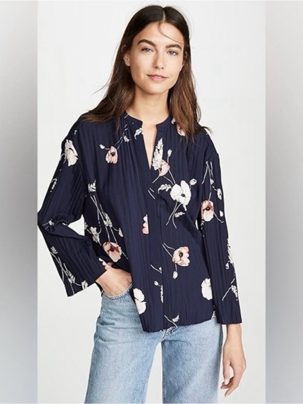Vince Navy Floral Split V-Neck Blouse